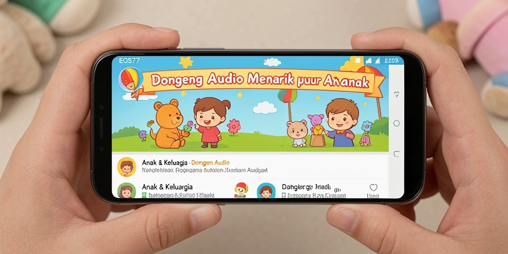 Tampilan antarmuka EOS77 dengan daftar dongeng audio yang menarik.